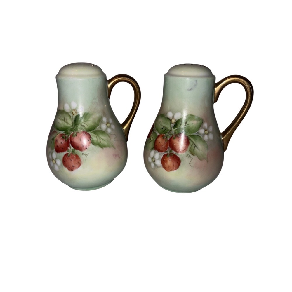 Antique Hand, Painted And‎ Signed By"Fay" Porcelain Salt And Pepper Shakers